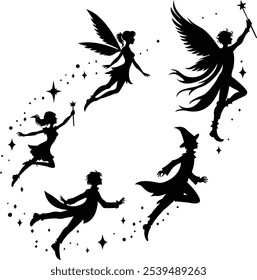 Magical fantasy characters in flight, fairies and wizards - Fantasy adventure silhouette with fairies and magic wands with fairy dust	
