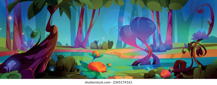 Magical fantasy forest with bright glowing fancy plants and shapes in cartoon vector illustration. Dreamlike world with lake, trees and flowers. Fantastic landscape for games or fairy tales.