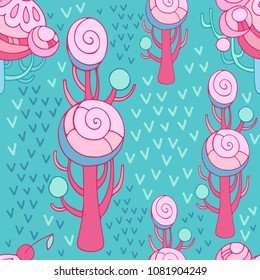 Magical fantasy forest. Seamless pattern with fairy trees and plants on a blue background. Printable templates for fabrics, textiles, paper, wallpaper.