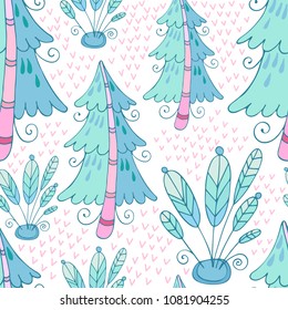 Magical fantasy forest. Seamless pattern with fairy spruce and plants. Printable templates for fabrics, textiles, paper, wallpaper.