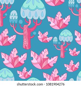 Magical fantasy forest. Seamless pattern with fairy trees and plants on a blue background. Printable templates for fabrics, textiles, paper, wallpaper.