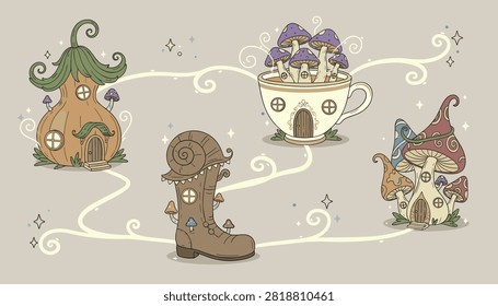 Magical fantasy landscape featuring cute mushroom houses, a teacup cottage, and an old boot home with lights.