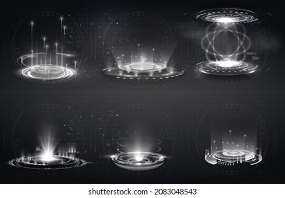 A magical fantasy portal. Futuristic teleport. Circular portals, a teleport with a hologram. Projector or teleportation podium of the magic circle. Level up effect. Realistic teleportation portal.