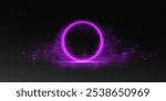 A magical fantasy portal. Round light frame with fine dust particles and light smoke, futuristic teleporter. Purple neon lights illuminate night scene with sequins on transparent background. Lighting 