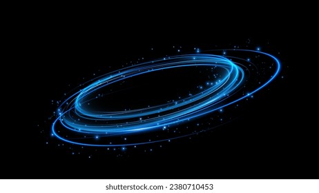 Magical fantasy portal. Round light frame, futuristic teleporter. lighting effect. Blue neon lights illuminate night scene with sequins on black background. Light effect of an empty podium