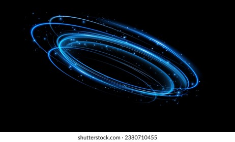 Magical fantasy portal. Round light frame, futuristic teleporter. lighting effect. Blue neon lights illuminate night scene with sequins on black background. Light effect of an empty podium