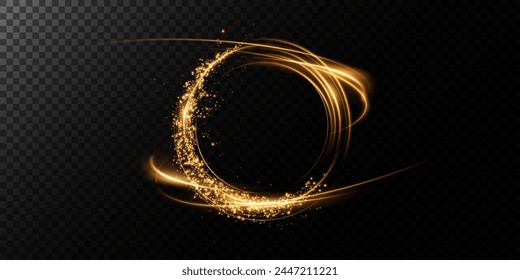 Magical fantasy portal. Round light frame, with fine dust particles, futuristic teleporter. Golden neon lights illuminate night scene with sparkles on transparent background. Lighting effect	