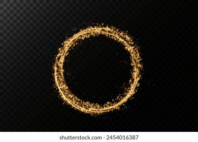 Magical fantasy portal. Round light frame, with fine dust particles, futuristic teleporter. Golden neon lights illuminate night scene with sparkles on transparent background. Lighting effect	