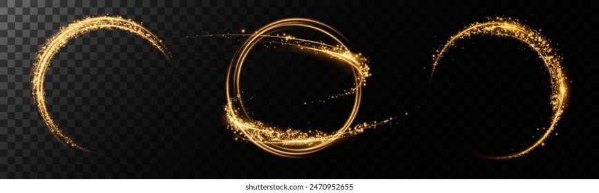 Magical fantasy portal. Round light frame, with fine dust particles, futuristic teleporter. Golden neon lights illuminate night scene with sparkles on transparent background. Lighting effect	