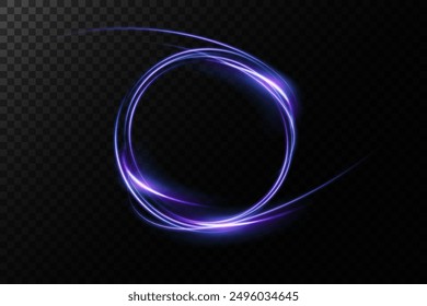 Magical fantasy portal. Round light frame, futuristic teleport. light effect. Purple lights illuminate night scene with sequins on transparent background. Light effect of an empty catwalk	
