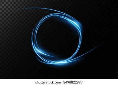 Magical fantasy portal. Round light frame, futuristic teleporter. light effect. Blue lights illuminate night scene with sequins on transparent background. Light effect of an empty catwalk	