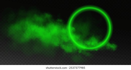 Magical fantasy portal. Round light frame with green smoke and dust, futuristic teleporter. Green neon lights illuminate night scene on transparent background. Light effect