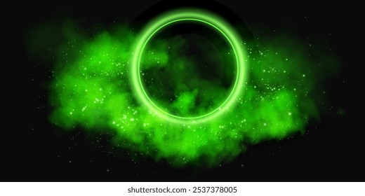 Magical fantasy portal. Round light frame with green smoke and dust, futuristic teleporter. Green neon lights illuminate night scene on transparent background. Light effect