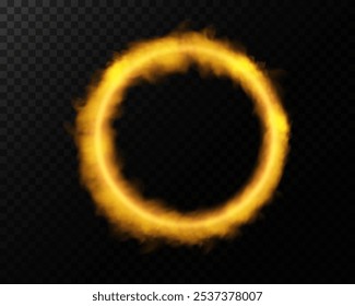 A magical fantasy portal. Round light frame with golden smoke and dust, futuristic teleporter. Golden neon lights illuminate night scene on transparent background. Light effect

