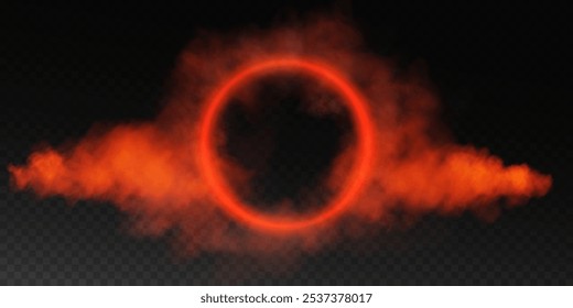 Magical fantasy portal. Round light frame with red smoke and dust, futuristic teleporter.Red neon lights illuminate night scene on transparent background. Light effect