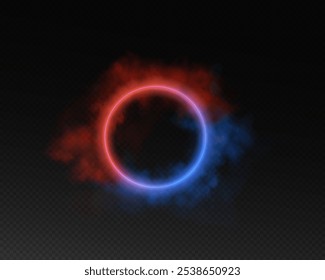 Magical fantasy portal. Round light frame with golden smoke and dust, futuristic teleporter. Red and blue neon lights illuminate night scene on transparent background. Light effect