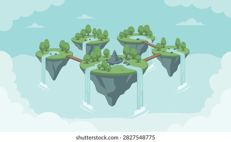 Magical fantasy realm with five green floating islands connected by bridges and cascading waterfalls.