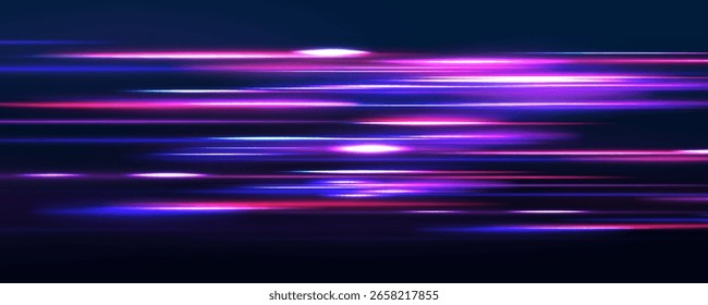 Linhas mágicas de movimento rápido com feixes de laser e efeitos de movimento de partículas, luzes vermelhas e azuis de néon brilhantes, clarões de lentes abstratas e feixes cintilantes criam uma sensação dinâmica de aceleração e energia.