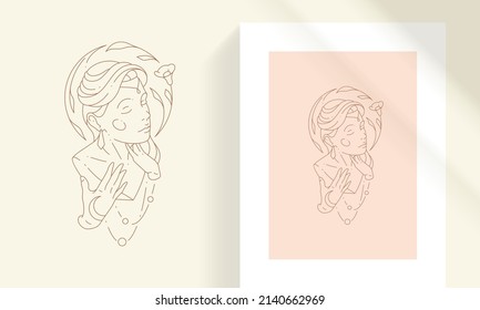 Magical female face as sculpture bust with flowers line art style vector illustration. Boho mystic woman linear drawing for poster and esoteric practices logo emblem decoration or fashion print.