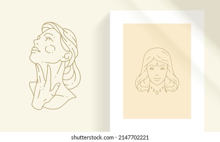 Magical female face as sculpture bust line art style vector illustration. Boho mystic woman linear drawing for poster and esoteric practices logo emblem decoration or fashion print.