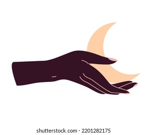 Magical female hands holding the moon. Alchemy esoteric mystical magic heavenly talisman with a female hand. The object of spiritual occultism. Isolated vector illustration