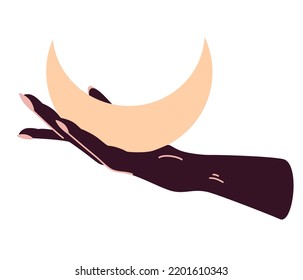 Magical Female Hands Holding The Moon. Alchemy Esoteric Mystical Magic Heavenly Talisman With A Female Hand. The Object Of Spiritual Occultism. Isolated Vector Illustration