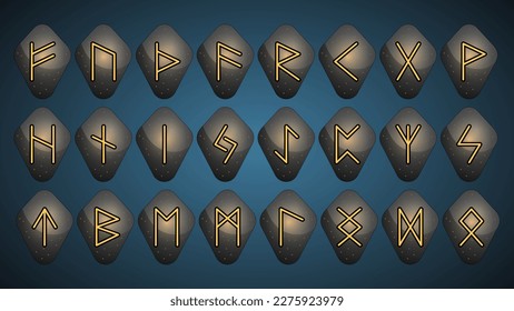 Magical fiery Scandinavian runes on black stones