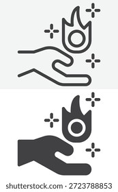 Magical fire in hands icon set in line and solid style. Outline and filled vector sign with editable stroke, power symbol icon for elemental magic and fantasy art.