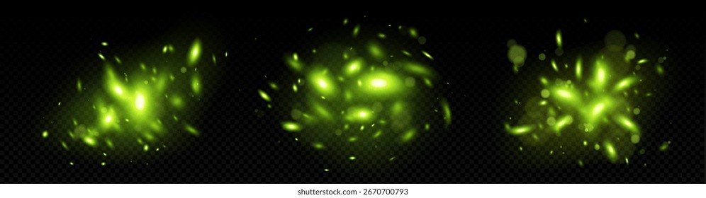 Magical firefly effect with glowing green light particles and sparkling bursts for fantasy scenes or nature animation. Luminous floating dots with soft bokeh and radiant energy for mystical background