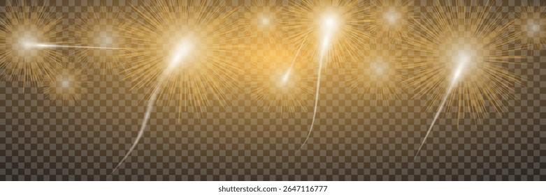Magical fireworks in the night sky, Christmas background for holiday design, poster, postcard with transparent background, png. Holiday lights. vector illustrations