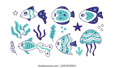 Magical fish doodle set. Cute hand drawn sea and ocean life cartoon elements, seaweed, medusa, jellyfish, starfish. Colorful vector illustration on white background