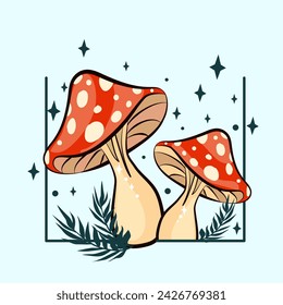 Magical fly agaric illustration printable illustration. Esoteric theme. Vector drawing with mushrooms for design of t-shirts, mugs, bags, postcards.
