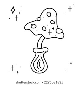 Magical fly agaric mushrooms surrounded by stars. Doodle vector illustration, clipart.