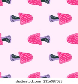Magical fly agaric wallpaper. Seamless pattern with fairytail mushrooms. For fabric design, textile print, wrapping paper, cover. Vector illustration
