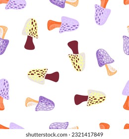 Magical fly agaric wallpaper. Seamless pattern with fairytail mushrooms. For fabric design, textile print, wrapping paper, cover. Vector illustration