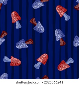 Magical fly agaric wallpaper. Seamless pattern with fairytail mushrooms. For fabric design, textile print, wrapping paper, cover. Vector illustration