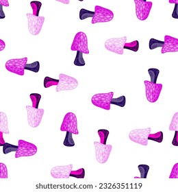 Magical fly agaric wallpaper. Seamless pattern with fairytail mushrooms. For fabric design, textile print, wrapping paper, cover. Vector illustration