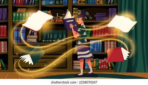 Magical flying books. Fairytale library interior. Girl in bookstore. Glowing shelf and chair. Child inside room. Happy kid reading novels. Fiction literature. Vector garish background