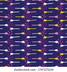 Magical flying brooms seamless vector pattern. Chilish surface print design. For fabrics, stationery, and packaging.