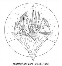 Magical flying castle with clouds, sky, mountains and islands. Hand drawn coloring page.