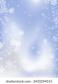 Magical flying snow flakes backdrop. Snowstorm fleck frozen elements. Snowfall weather white blue background. Bokeh snowflakes february theme. Snow cold season scenery.
