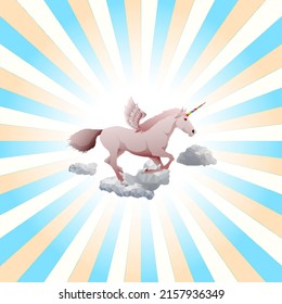 A magical flying unicorn with rainborn colored horn, shining in the sky. Hand drawn vector illustration.