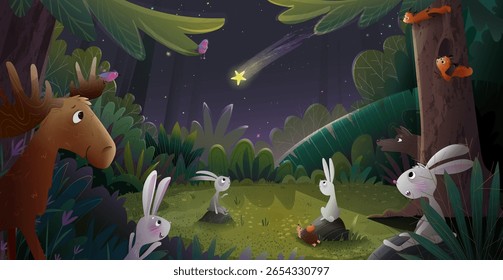 Aventura na floresta mágica à noite com estrelas árvores e arbustos. Animais como coelho, alce e esquilo olham para uma estrela cadente. Uma ilustração de desenho animado de vetor infantil sonhadora, conto de fadas para crianças.