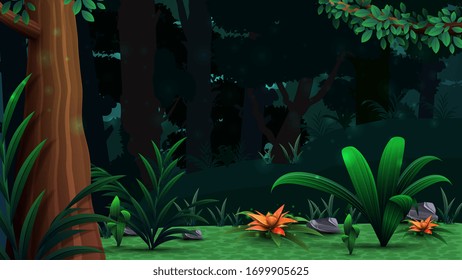 A magical forest with beautiful flowers, dense dark forest and dense vegetation. Vector landscape, wild forest on a clear Sunny day.