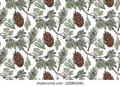 Magical forest. Botanical seamless pattern. Vintage. Vector illustration. Green plants, pine cones on white background.