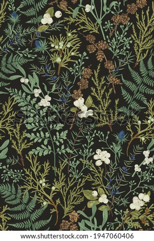 Magical forest. Botanical seamless pattern. Vintage. Vector illustration. Green plants on a black background.