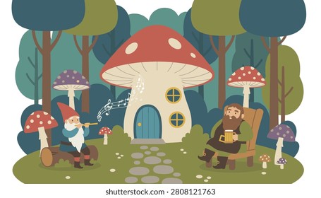 Magical forest clearing with two friendly gnomes playing music and drinking beer outside their cozy mushroom house.