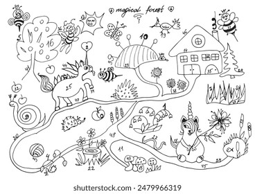 magical forest coloring book for children's development with a task for attention, find the numbers from 1 to 50