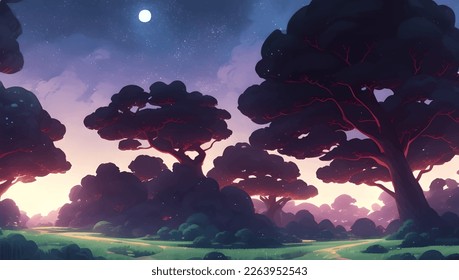 Magical Forest During The Night with Dawn Coming Detailed Hand Drawn Painting Illustration