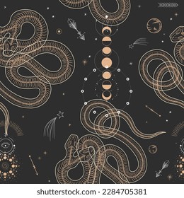 magical forest elements. images of a snake, night moth, fly agaric mushrooms, plant and space elements. Ideal for printing on fabric or clothing, wallpaper and wrapping paper